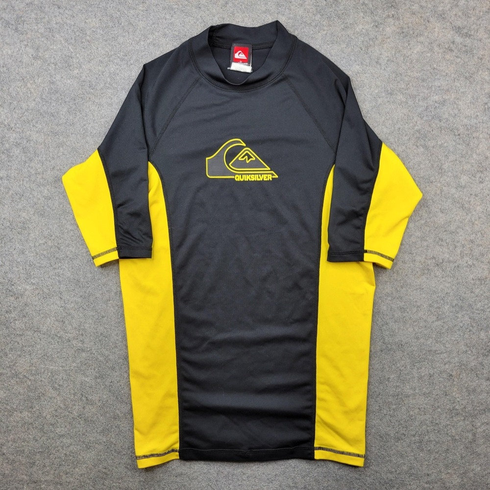 Quiksilver Shirt Mens Large Black Yellow Short Sleeve Surf Rash Guard Top Beach